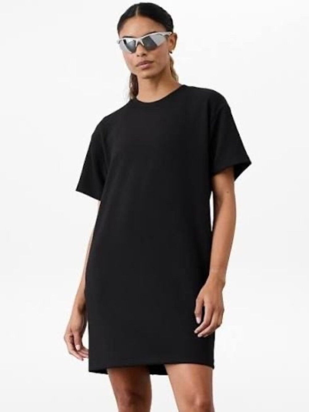 Athleta Women's Seasoft Rib Tee Dress Size Small Black Short Sleeve Mini Length